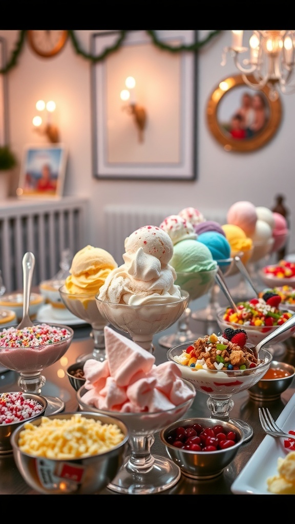 A beautifully arranged ice cream sundae bar with colorful ice cream and toppings.